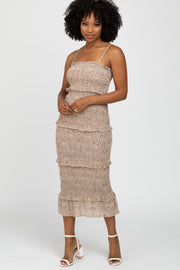 Taupe Animal Print Smocked Fitted Midi Dress