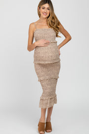 Taupe Animal Print Smocked Fitted Maternity Midi Dress