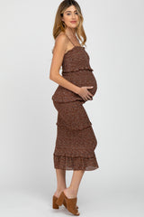 Burgundy Floral Print Smocked Fitted Maternity Midi Dress