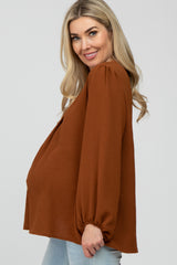 Camel V Neck Maternity Blouse