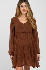 Camel Leopard Print Tiered Maternity Dress