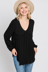 Black V-Neck Ruffle Accent Long Sleeve Top