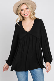 Black V-Neck Ruffle Accent Long Sleeve Top