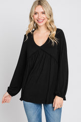 Black V-Neck Ruffle Accent Long Sleeve Top