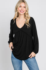 Black V-Neck Ruffle Accent Long Sleeve Top