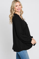 Black V-Neck Ruffle Accent Long Sleeve Top