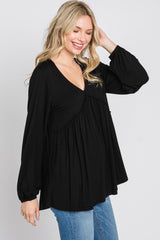 Black V-Neck Ruffle Accent Long Sleeve Top