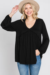 Black V-Neck Ruffle Accent Long Sleeve Top