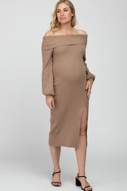 Mocha Ribbed Off Shoulder Maternity Sweater Midi Dress