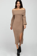 Mocha Ribbed Off Shoulder Sweater Midi Dress