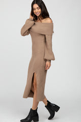 Mocha Ribbed Off Shoulder Sweater Midi Dress