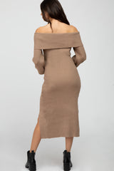 Mocha Ribbed Off Shoulder Sweater Midi Dress