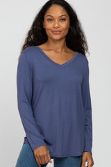 Blue V-Neck Round Hem Long Sleeve Top