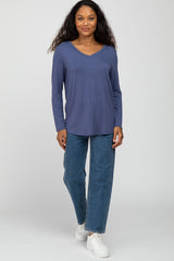 Blue V-Neck Round Hem Long Sleeve Top