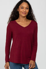 Burgundy V-Neck Round Hem Long Sleeve Top