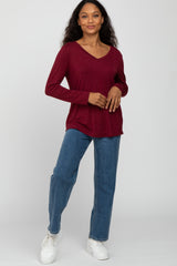 Burgundy V-Neck Round Hem Long Sleeve Top