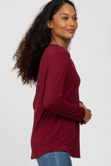 Burgundy V-Neck Round Hem Long Sleeve Top