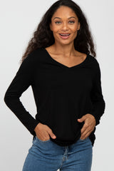 Black V-Neck Round Hem Long Sleeve Top