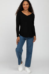 Black V-Neck Round Hem Long Sleeve Top