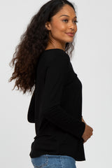 Black V-Neck Round Hem Long Sleeve Top