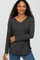 Charcoal V-Neck Round Hem Long Sleeve Maternity Top