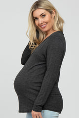 Charcoal V-Neck Round Hem Long Sleeve Maternity Top