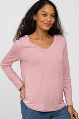 Mauve V-Neck Round Hem Long Sleeve Top