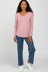 Mauve V-Neck Round Hem Long Sleeve Top