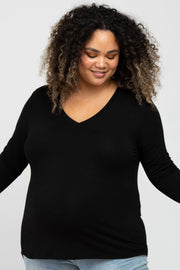 Black V-Neck Round Hem Long Sleeve Maternity Plus Top