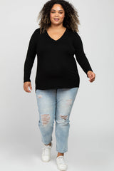 Black V-Neck Round Hem Long Sleeve Maternity Plus Top