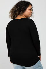 Black V-Neck Round Hem Long Sleeve Maternity Plus Top