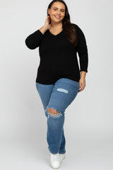 Black V-Neck Round Hem Long Sleeve Plus Top