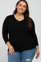 Black V-Neck Round Hem Long Sleeve Maternity Plus Top