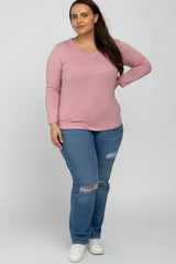 Mauve V-Neck Round Hem Long Sleeve Plus Top