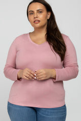 Mauve V-Neck Round Hem Long Sleeve Maternity Plus Top