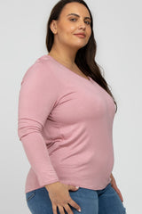 Mauve V-Neck Round Hem Long Sleeve Plus Top