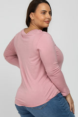 Mauve V-Neck Round Hem Long Sleeve Plus Top