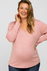 Mauve V-Neck Round Hem Long Sleeve Maternity Plus Top