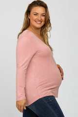 Mauve V-Neck Round Hem Long Sleeve Maternity Plus Top