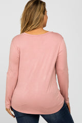 Mauve V-Neck Round Hem Long Sleeve Maternity Plus Top