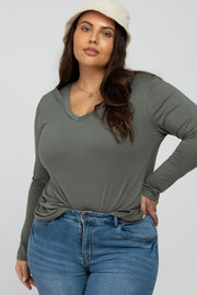 Olive V-Neck Round Hem Long Sleeve Plus Top