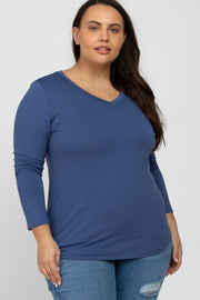 Blue V-Neck Round Hem Long Sleeve Plus Top