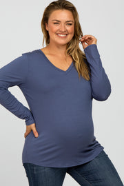 Blue V-Neck Round Hem Long Sleeve Maternity Plus Top