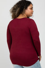 Burgundy V-Neck Round Hem Long Sleeve Maternity Plus Top