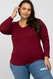 Burgundy V-Neck Round Hem Long Sleeve Plus Top