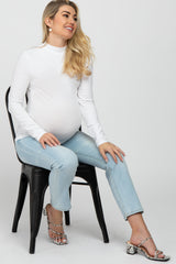 White Fitted Mock Neck Long Sleeve Maternity Top