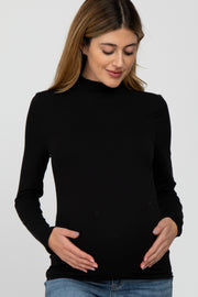 Black Fitted Mock Neck Long Sleeve Maternity Top