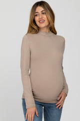 Taupe Fitted Mock Neck Long Sleeve Maternity Top