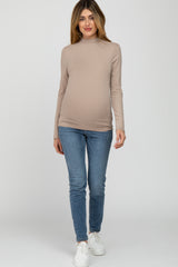 Taupe Fitted Mock Neck Long Sleeve Maternity Top