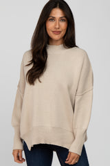 Beige Mock Neck Exposed Seam Maternity Sweater